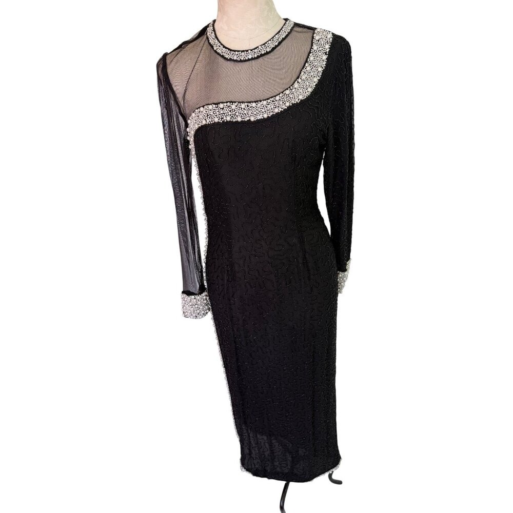 Judith Ann Creations Womens Heavily Beaded Illusion Dress Size S Black Vintage